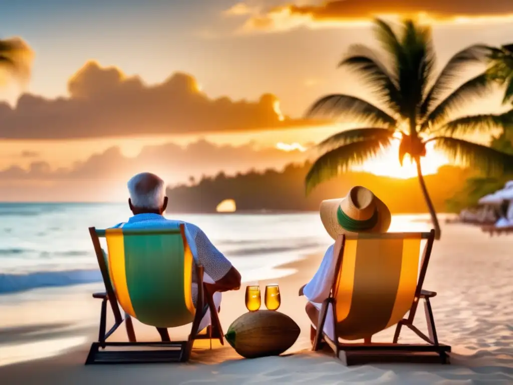 Pareja de adultos mayores disfrutando de la playa Sobreprecio destinos turísticos viajes senior - Hermosa playa al atardecer con pareja de ancianos disfrutando de un tranquilo y económico viaje