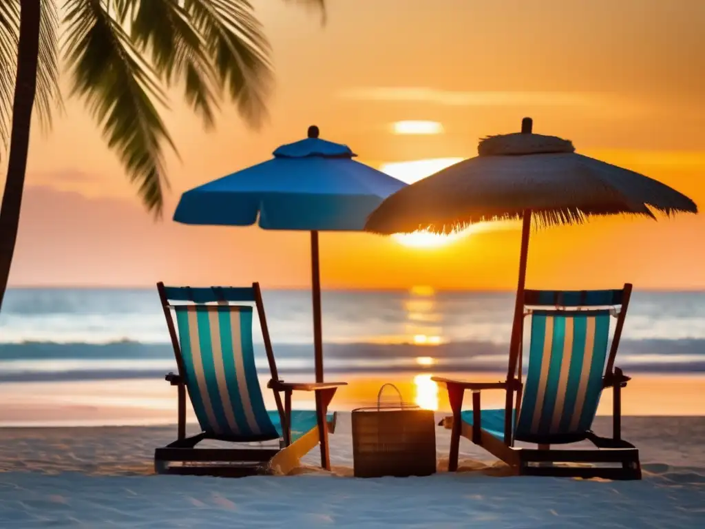 Tranquilidad en una playa tropical Playa tropical al atardecer con palmeras y sillas de playa - Consejos viajes senior económicos