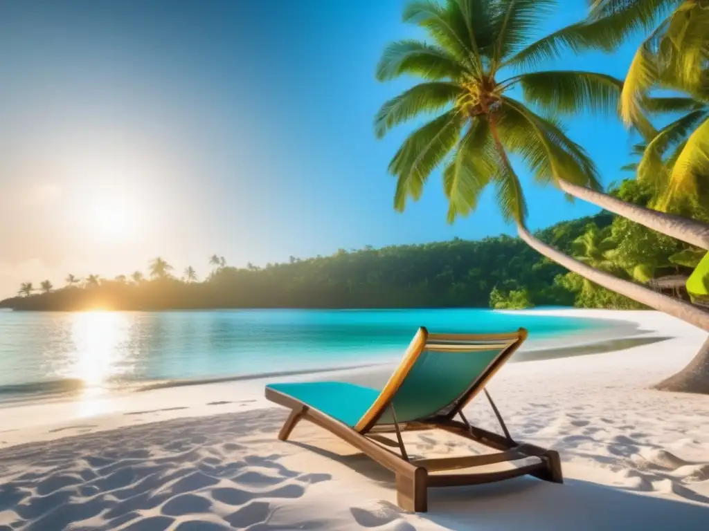Paraíso tropical sereno y relajante Destinos de turismo médico para seniors: Playa tropical serena con aguas turquesas, palmeras verdes y arena blanca