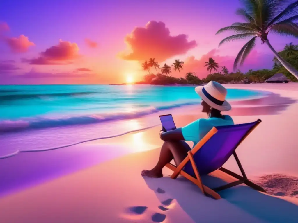 Viajero feliz en playa paradisíaca Consejos para viajeros maduros disfrutando de una playa serena rodeada de aguas turquesas y palmeras