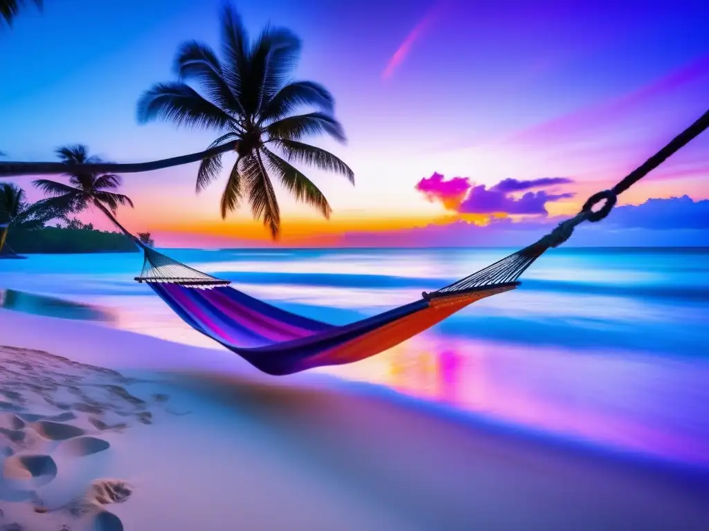 Paraíso tropical: playa serena al atardecer Playa tropical al atardecer, aguas turquesas, arena blanca, palmeras, cielo vibrante y turismo sostenible para adultos mayores