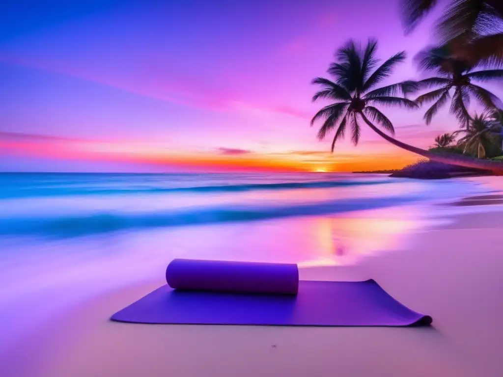 Playa tropical al atardecer con yoga Playa tropical al atardecer invita a relajarse y prevenir el jet lag en viajeros maduros