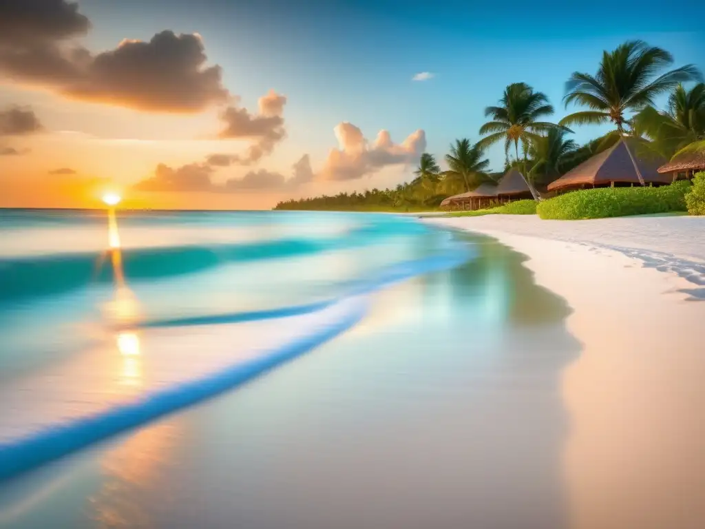 Adaptación posttratamiento viajes médicos: Playa tropical serena al atardecer, con palmeras y agua turquesa cristalina