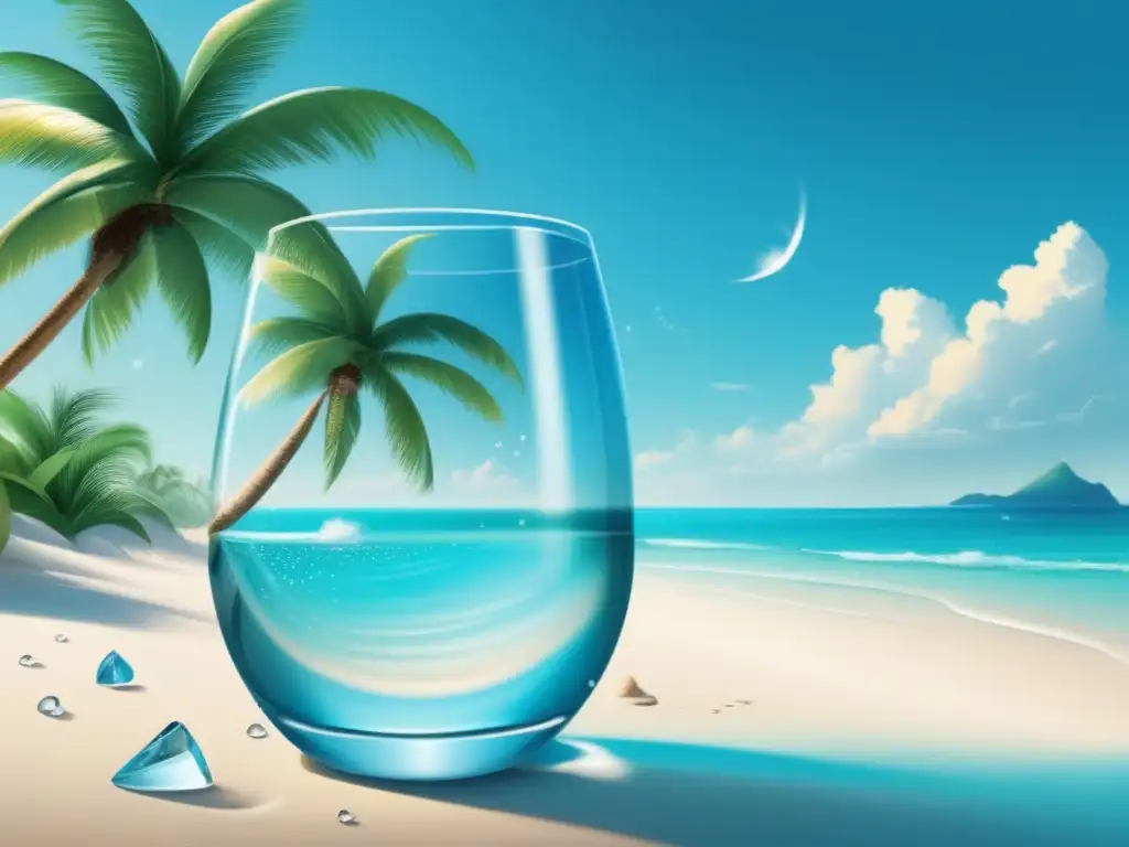 Playa tropical serena, agua cristalina y sombra de palmas Importancia de hidratarse durante viajes en una hermosa escena de playa tropical