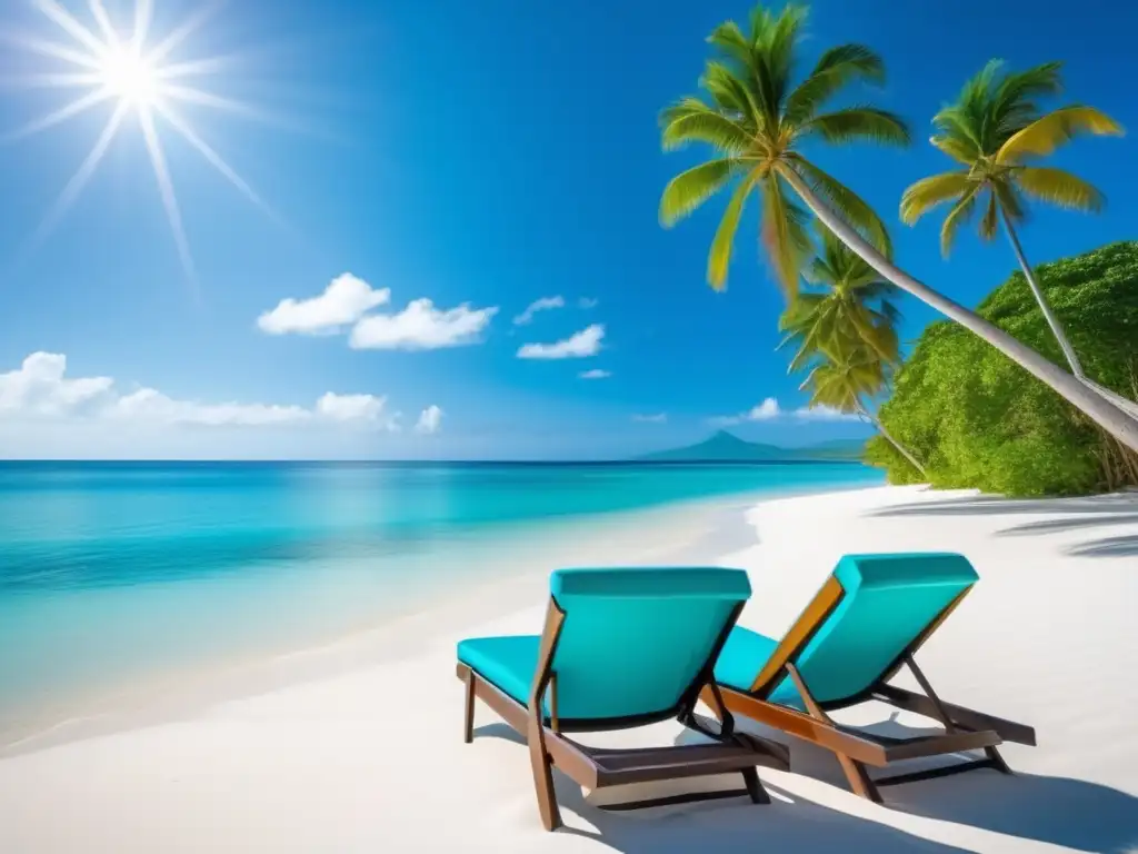 Playa paradisíaca en Centroamérica Destinos seguros América Central viajeros maduros - Playa serena con aguas turquesa, palmeras y sillas de playa vibrantes