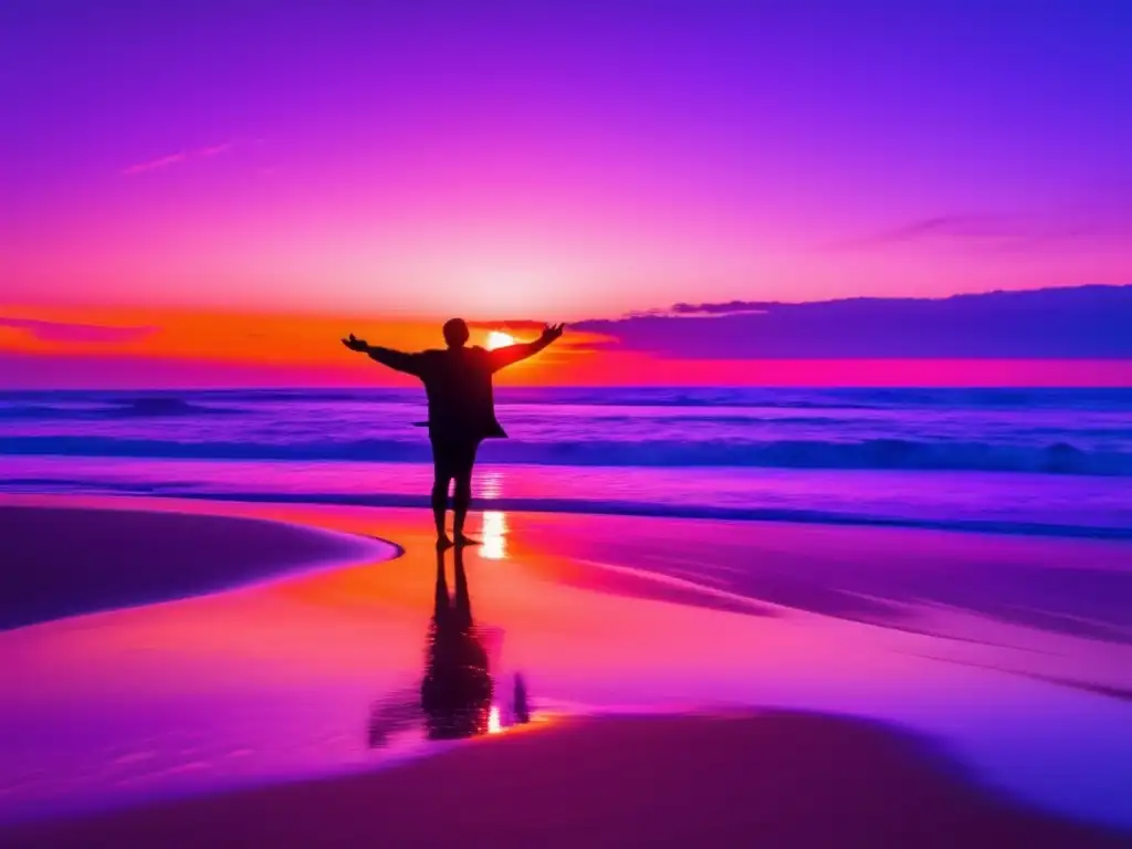 Atardecer vibrante en una playa pintoresca Beneficios de una actitud positiva en viajes: Atardecer vibrante de playa con persona abrazando la belleza del momento