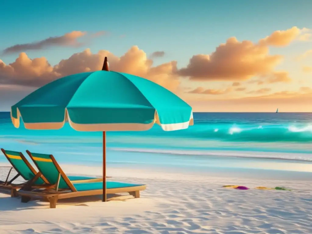 Playa vibrante: aguas turquesas, arena blanca, sombrilla colorida Playa vibrante con actividades y resort lujoso - Consejos para mantener una mentalidad positiva en los viajes