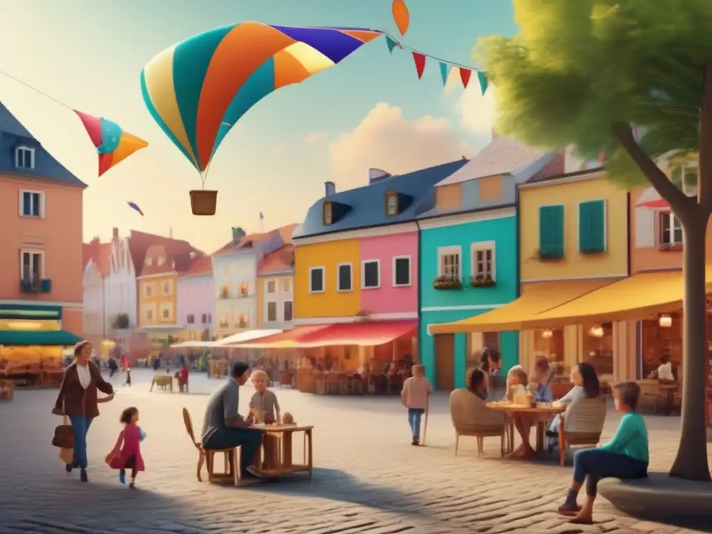 Plaza colorida y animada, ideal para familias Consejos de viaje en familia: una imagen vibrante y de alta resolución de una plaza pintoresca con edificios coloridos