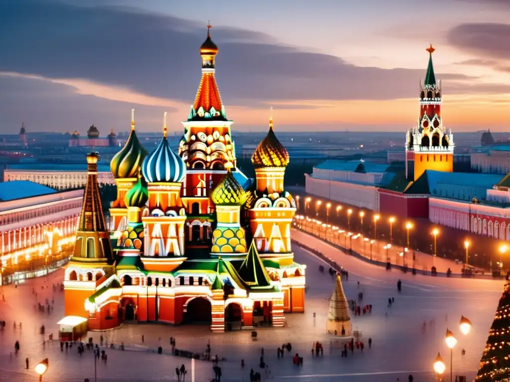Red Square en Moscú al anochecer Ventajas de viajar a Moscú para adultos mayores: Red Square al atardecer, con la catedral de San Basilio y el Kremlin imponentes