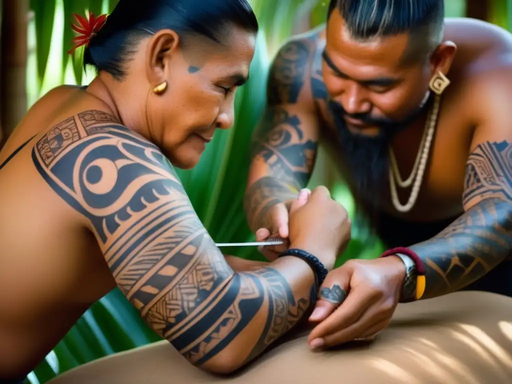 Tatuajes polinesios tradicionales: Impacto del turismo en la tradición, con artista local y diseño vibrante en brazo de viajero