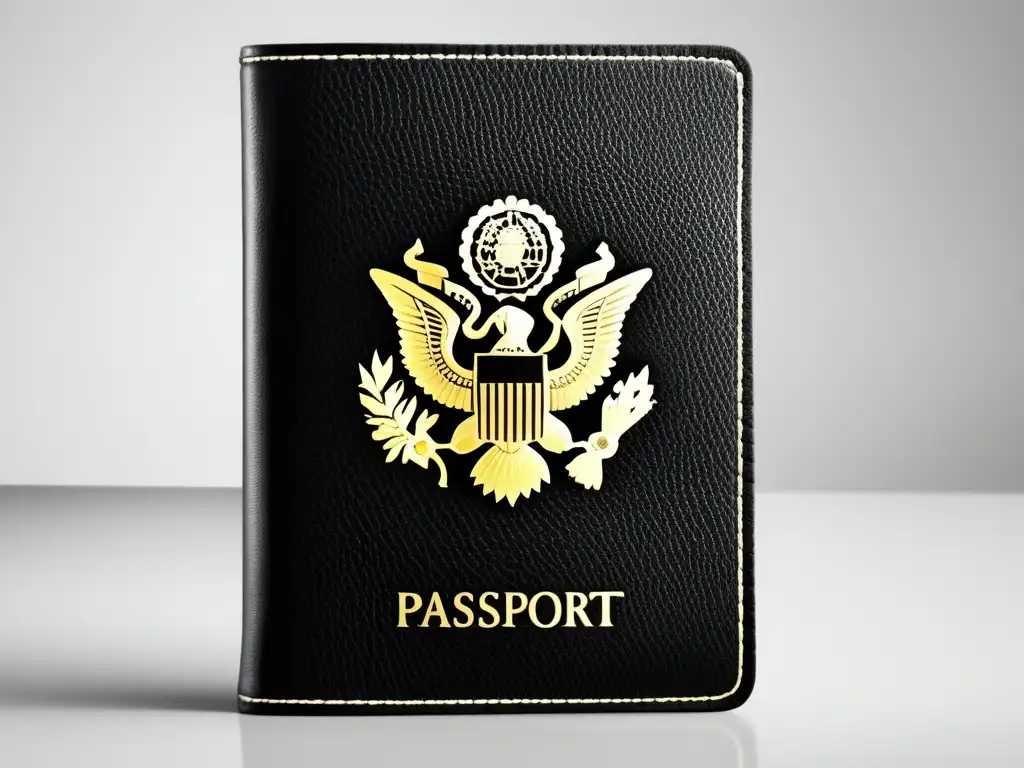 Pasaporte moderno con estampas de visa Consejos para solicitar visados: Pasaporte de alta calidad con diseño minimalista, emblema metálico y sellos detallados de visa en páginas azules