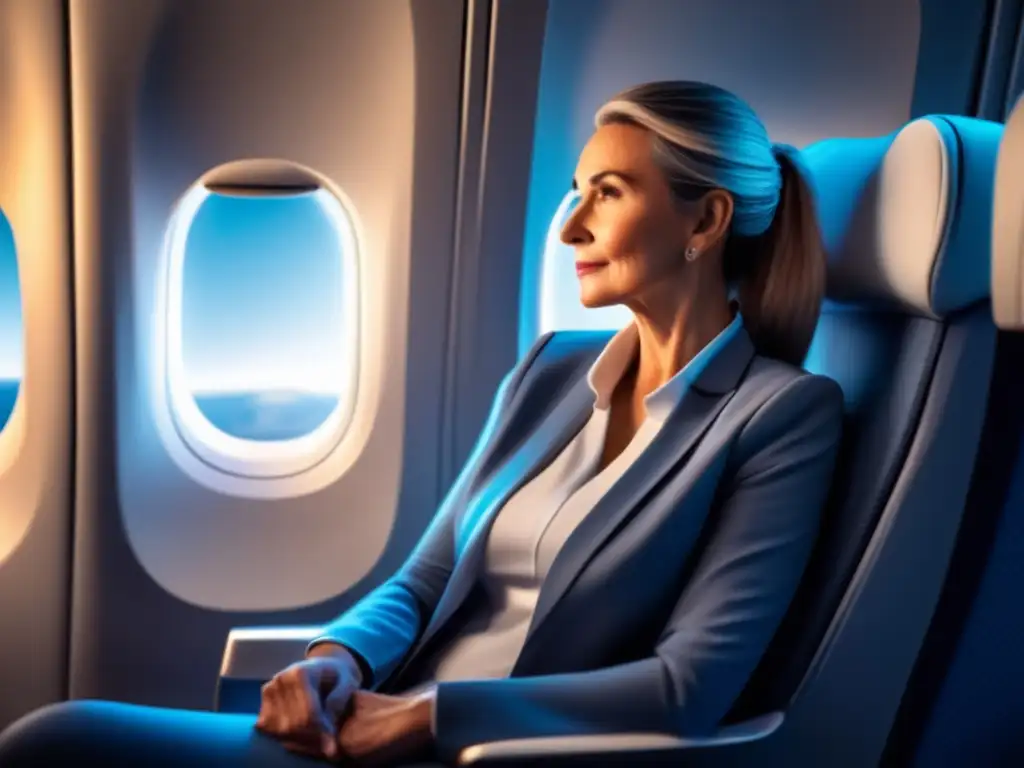 Viajero maduro en avión con postura perfecta Viajero maduro en avión, postura perfecta, ejercicios de respiración