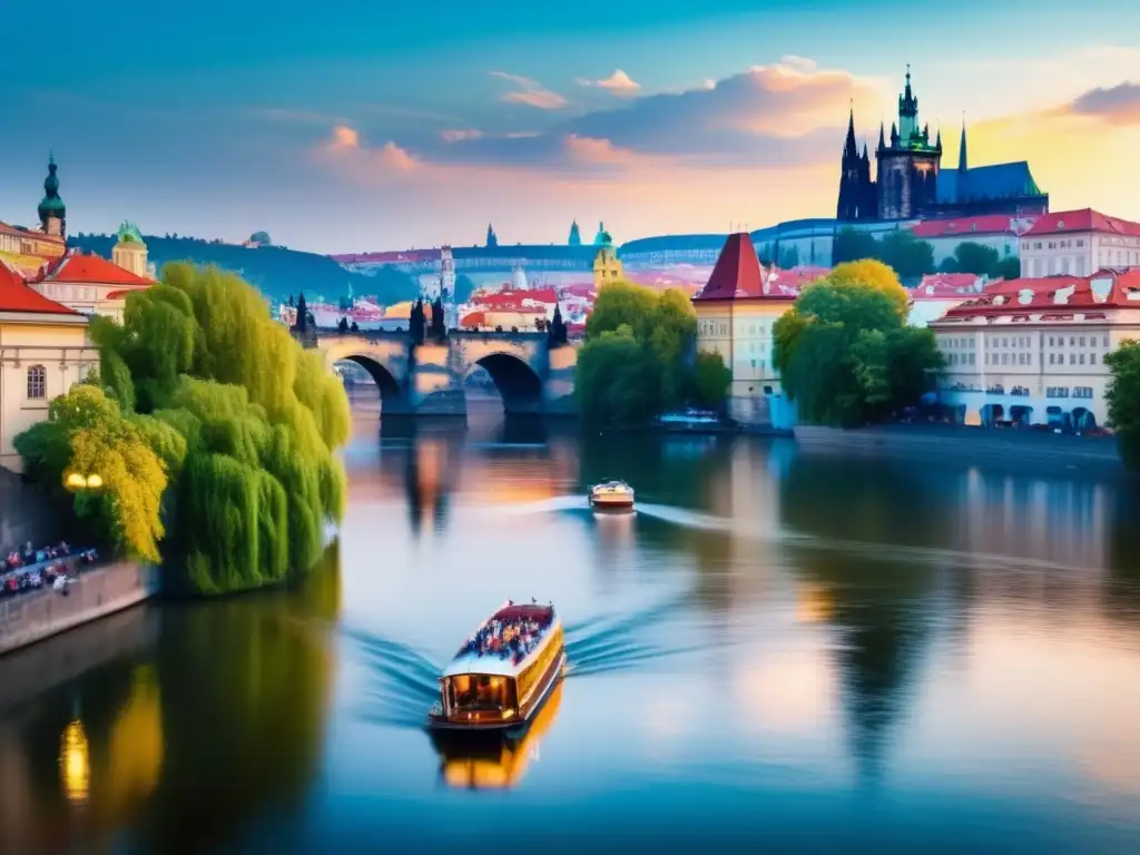 Sereno paseo en barco por el río Vltava en Praga Aventuras tranquilas en Praga: barco en el río Vltava, reflejos vibrantes, Puente Charles medieval, viaje sereno