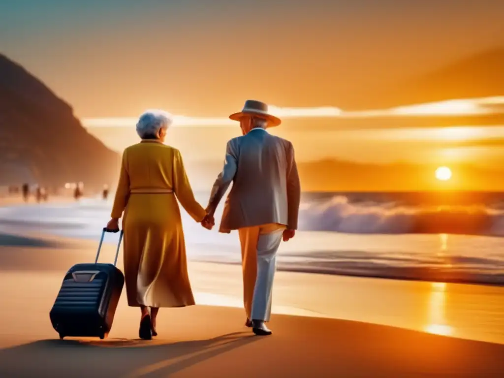 Pareja mayor segura disfruta playa al atardecer, transmitiendo precauciones viajes estafas seniors