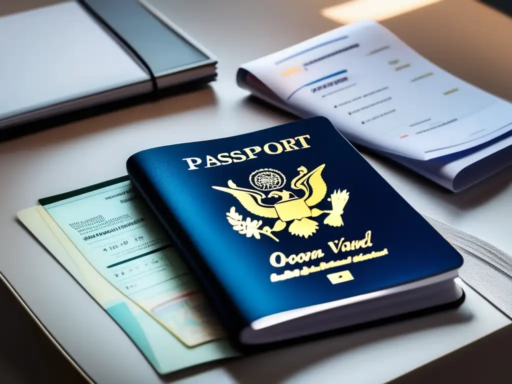 Preparación elegante para un viaje internacional Preparación segura documentos viaje: pasaporte, visa, itinerarios, reservas, checklist, elegancia y contemporaneidad