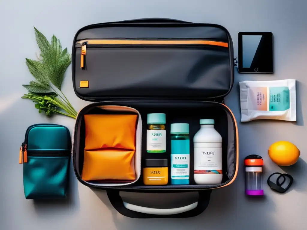 Preparación para viaje médico Preparación viajes médicos: Bolsa, comida, zapatillas, rastreador, maleta, destino, vibrante, organización, estética moderna