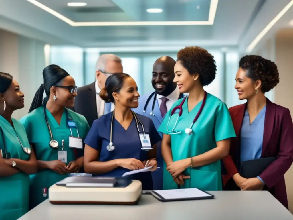 Equipo médico multicultural en hospital moderno Grupo diverso de profesionales médicos en vestimentas tradicionales, simbolizando intercambio de conocimientos y prácticas médicas