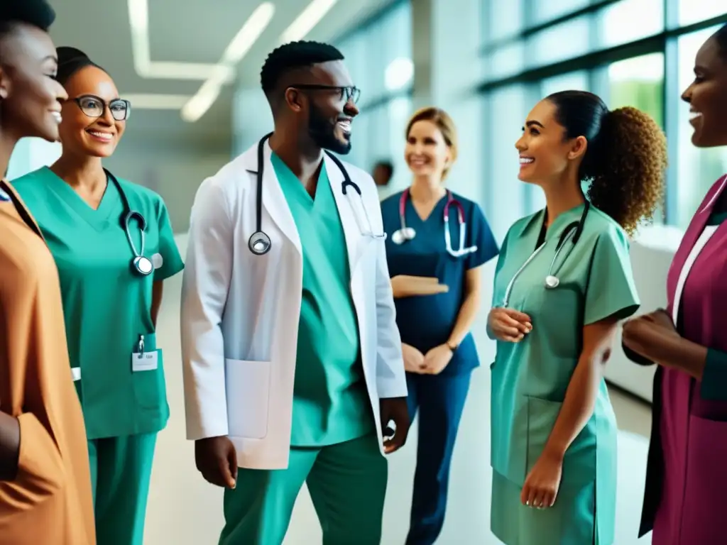 Conversación médica global Profesionales médicos de diferentes culturas en un debate en instalación moderna, simbolizando barreras idiomáticas en viajes médicos