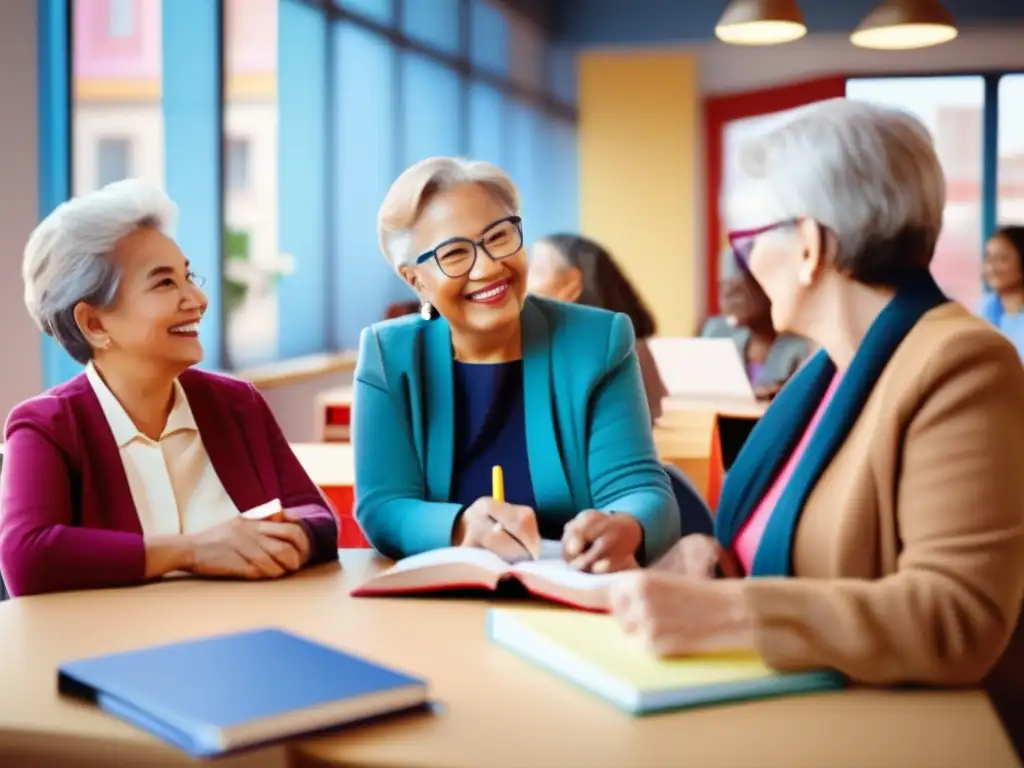 Aprendizaje de idiomas para adultos mayores Grupo de adultos mayores en viaje lingüístico, aprendiendo y compartiendo en un aula luminosa y acogedora