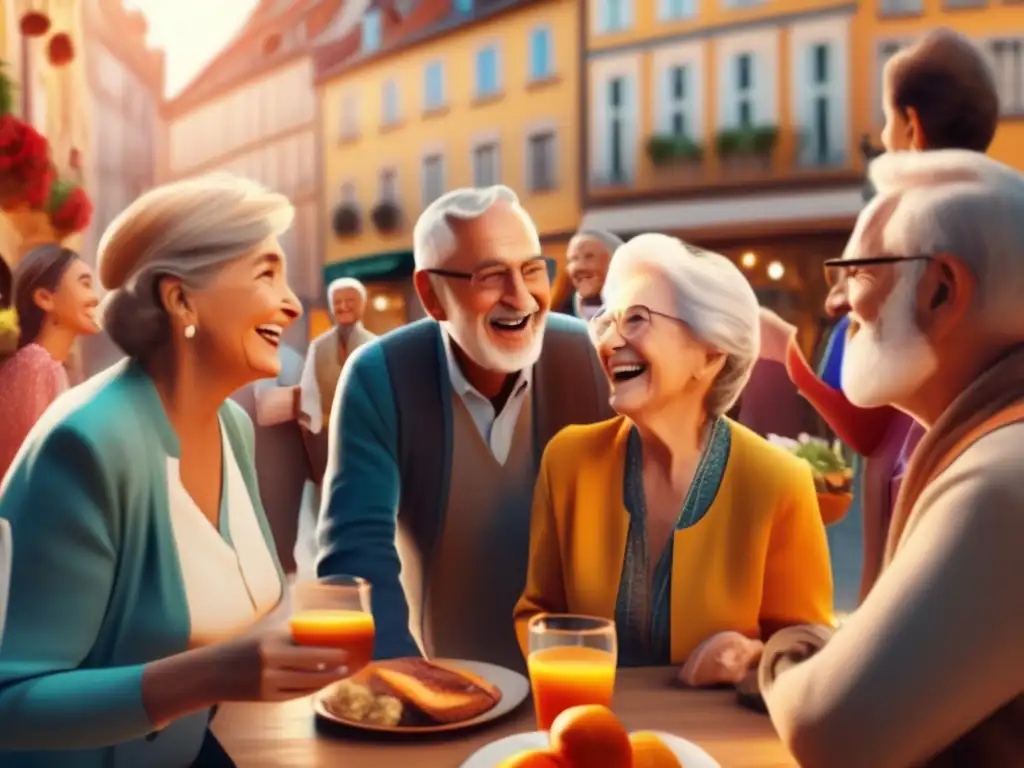 Grupo de adultos mayores en programa de inmersión lingüística en ciudad europea, con beneficios de viajes lingüísticos