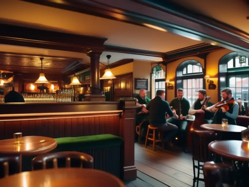 Experiencias musicales celtas en pub irlandés: ambiente cálido, músicos apasionados, Guinness y decoración tradicional