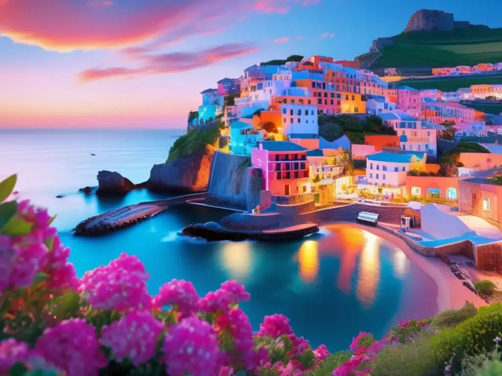 Paisaje costero al atardecer con casas coloridas y mercado local - Consejos para viajeros maduros: Evitar costos ocultos