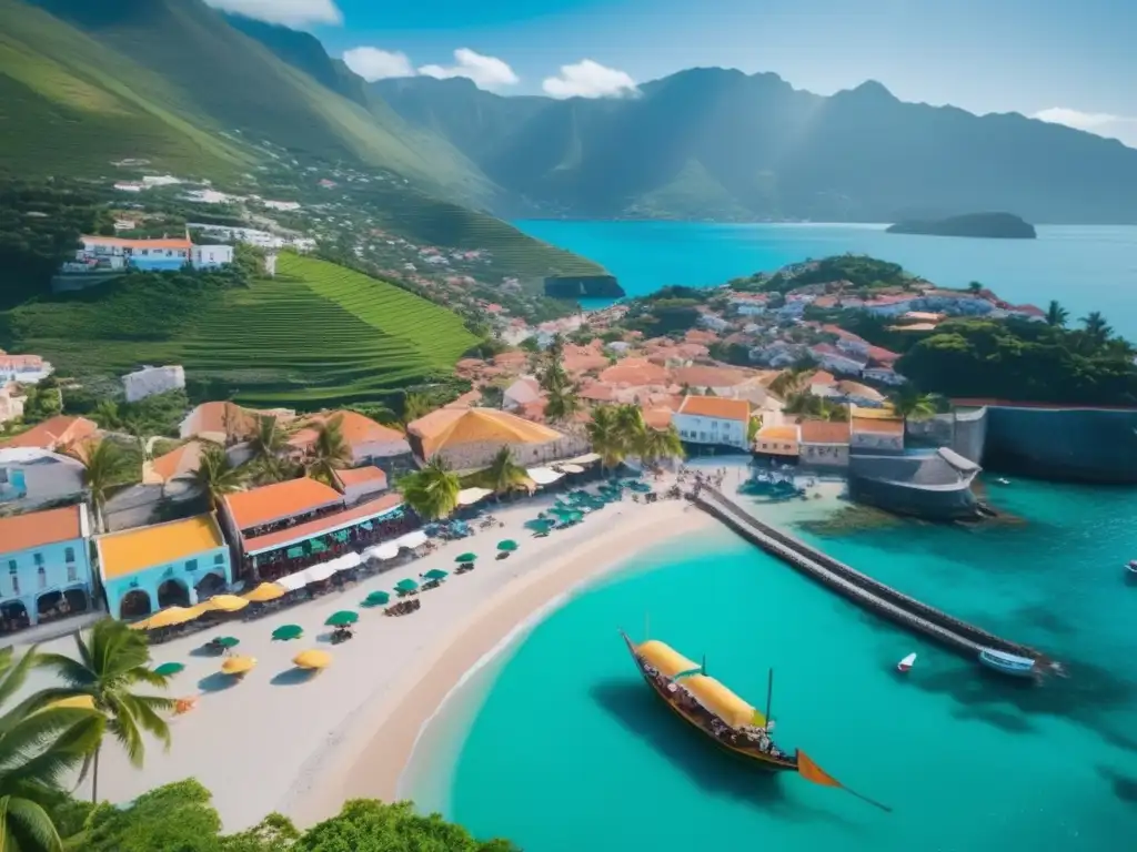 Hermoso pueblo costero con montañas verdes y mar turquesa Destino emergente: pintoresco pueblo costero con montañas verdes y mar turquesa, casas coloridas y mercado vibrante