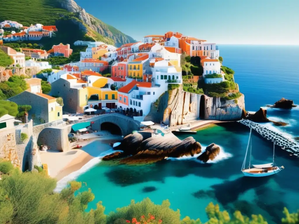 Sereno pueblo costero entre acantilados y mar turquesa The image showcases a stunning coastal town with colorful buildings, cobblestone streets, and a turquoise sea