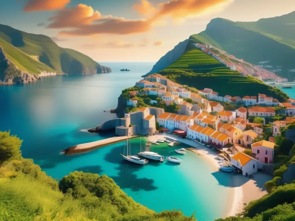 Encantador pueblo costero con montañas verdes y mar turquesa Imagen de destino emergente para viajeros maduros en un encantador pueblo costero rodeado de montañas verdes y un mar turquesa cristalino