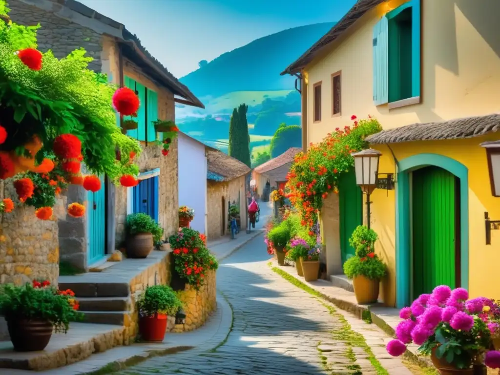 Encantador pueblo rural con casas tradicionales y coloridas flores Pintoresco pueblo con casas tradicionales y flores vibrantes en un entorno rural verde - Guía de destinos emergentes para viajeros maduros