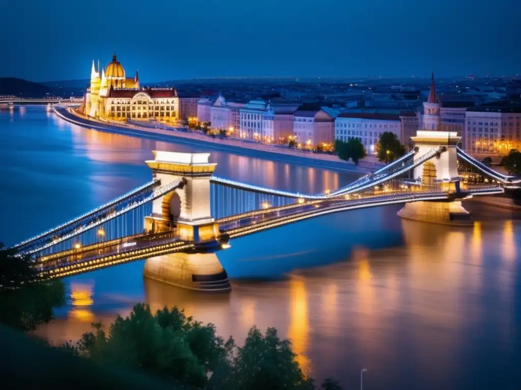 Experiencia de hospitalidad en Budapest para viajeros maduros - Puente de las Cadenas iluminado, conectando arquitectura grandiosa y paisaje urbano