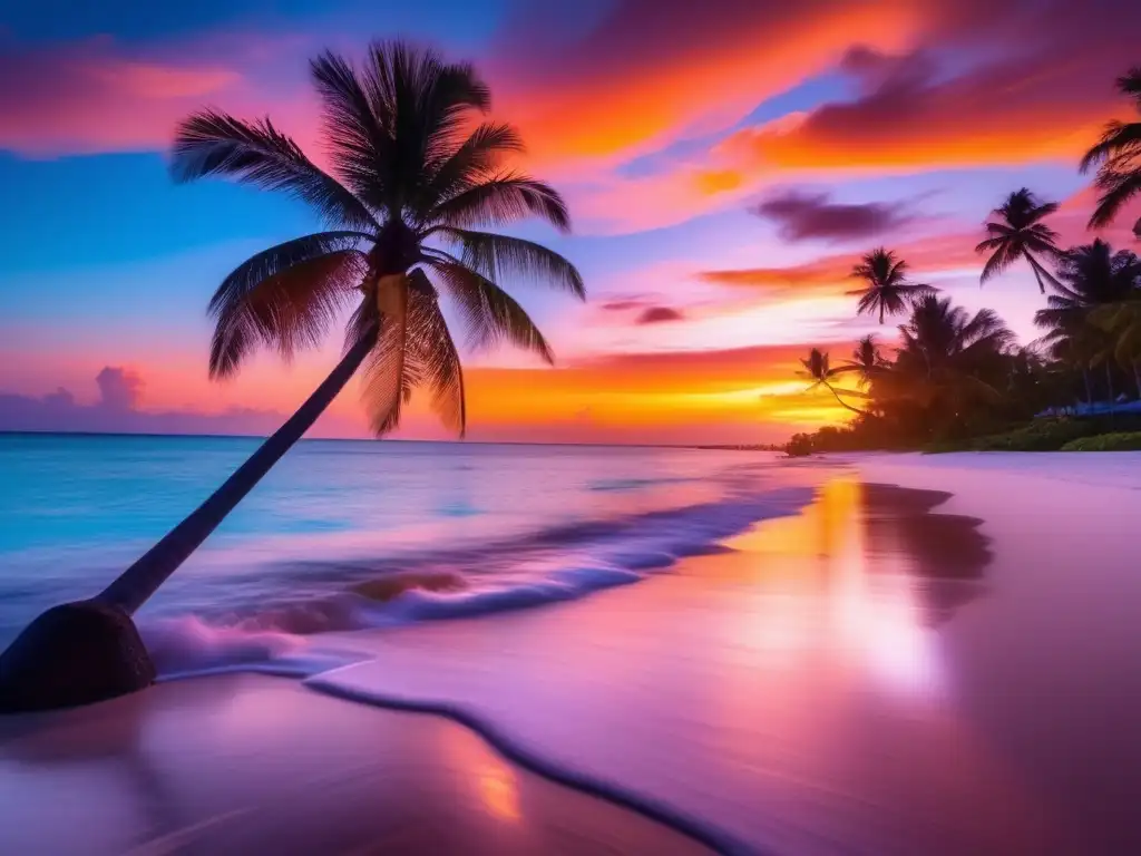 Atardecer vibrante en playa tropical Consejos para mantener una mentalidad positiva en los viajes - Hermosa puesta de sol en una playa tropical