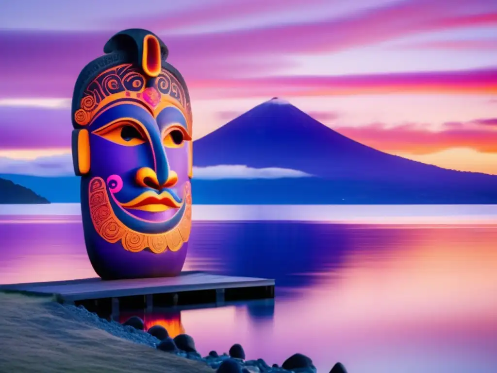 Serenidad en el Lago Taupo de Nueva Zelanda Experiencia cultural en Nueva Zelanda: Puesta de sol vibrante sobre el lago Taupo, con Maori y montañas distantes