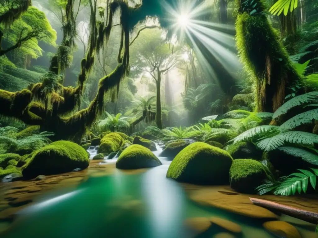 Selva virgen en Nueva Zelanda: naturaleza en su esplendor Viajes ecológicos para personas mayores en Nueva Zelanda: majestuoso bosque lluvioso en 8K con árboles antiguos, flora exuberante y sendero de madera