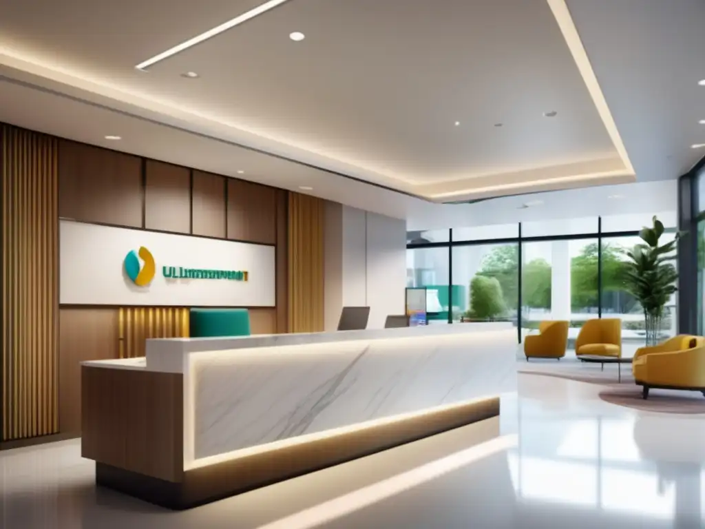 Hospital moderno y acogedor con arte abstracto Preparativos viaje médico seguros - Imagen moderna de un lobby de hospital con mobiliario minimalista, iluminación suave y arte abstracto vibrante