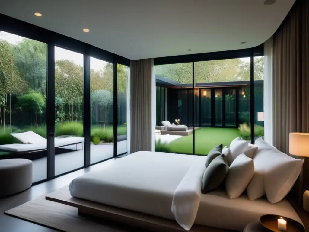 Sala de recuperación moderna y tranquila Cuidados posteriores viaje médico: Recuperación en habitación serena y moderna con vistas a jardín, decorada en tonos neutros y mobiliario minimalista