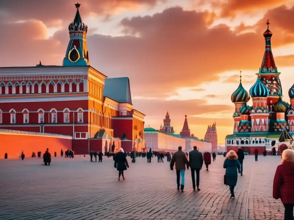Hermosa puesta de sol en la Plaza Roja de Moscú Ventajas de viajar a Moscú para adultos mayores: Red Square en un atardecer vibrante, parejas mayores disfrutan de los edificios históricos iluminados
