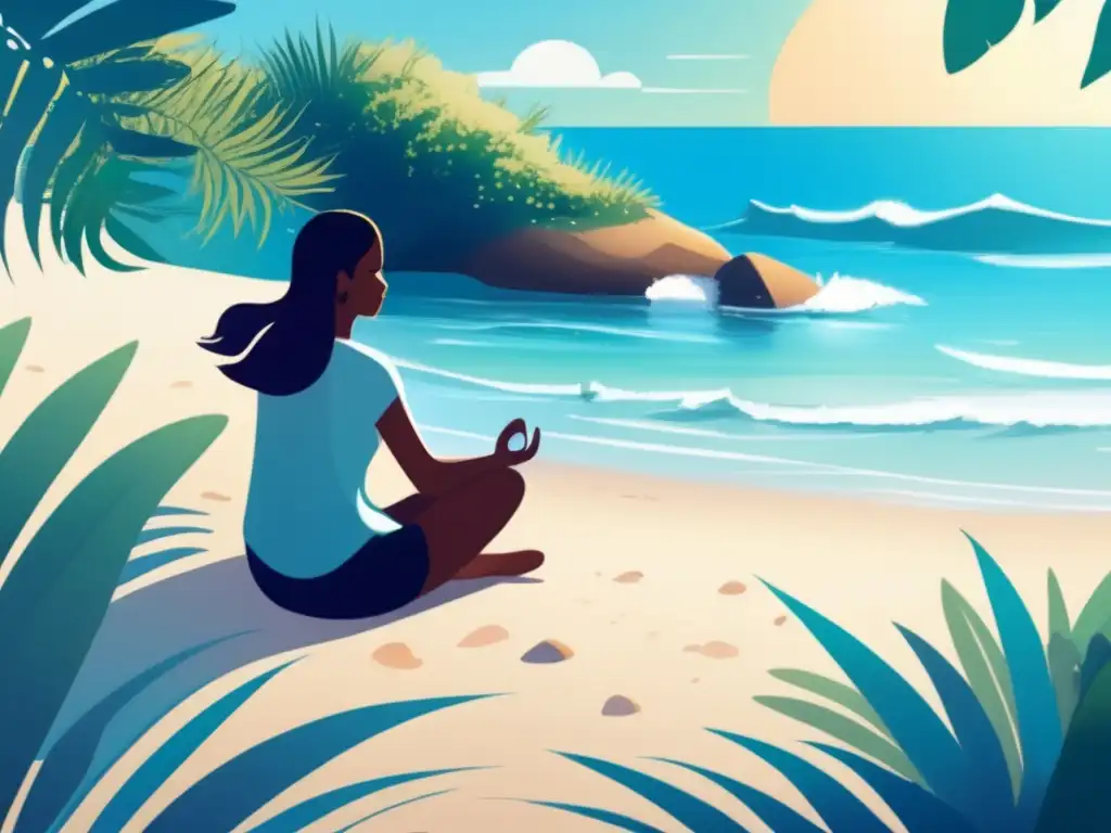 Persona meditando en la playa Persona en playa serena, rodeada de vegetación exuberante y un océano azul cristalino