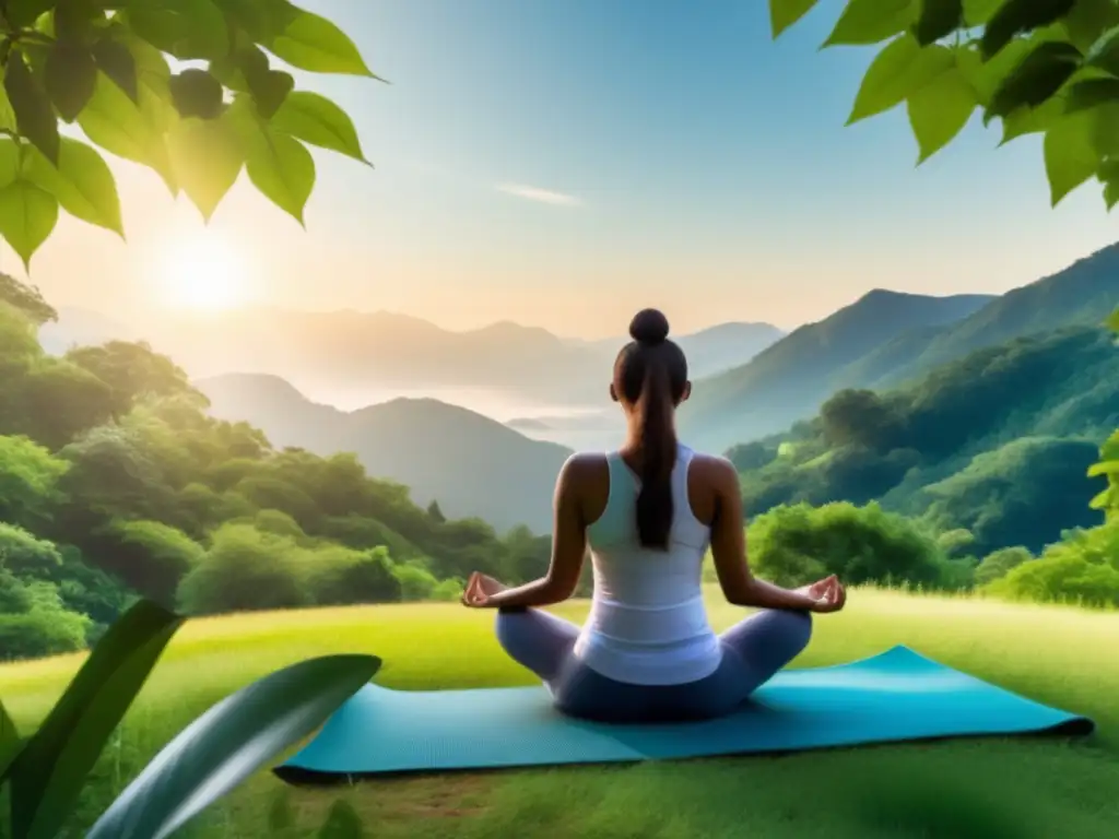 Relajación y conexión con la naturaleza a través de la respiración profunda Beneficios de la respiración profunda en viajes: paisaje sereno con montañas verdes y persona practicando yoga