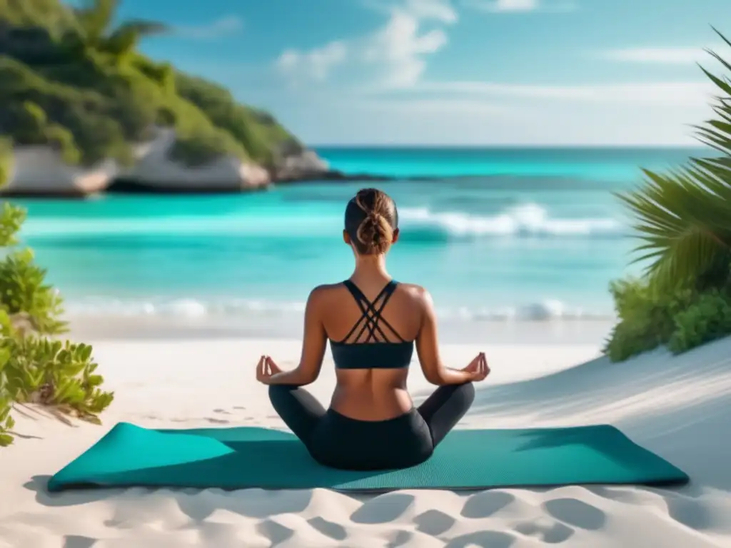 Relajación y respiración profunda en la playa Beneficios de la respiración profunda en viajes: imagen de playa serena con aguas turquesas y una persona en yoga