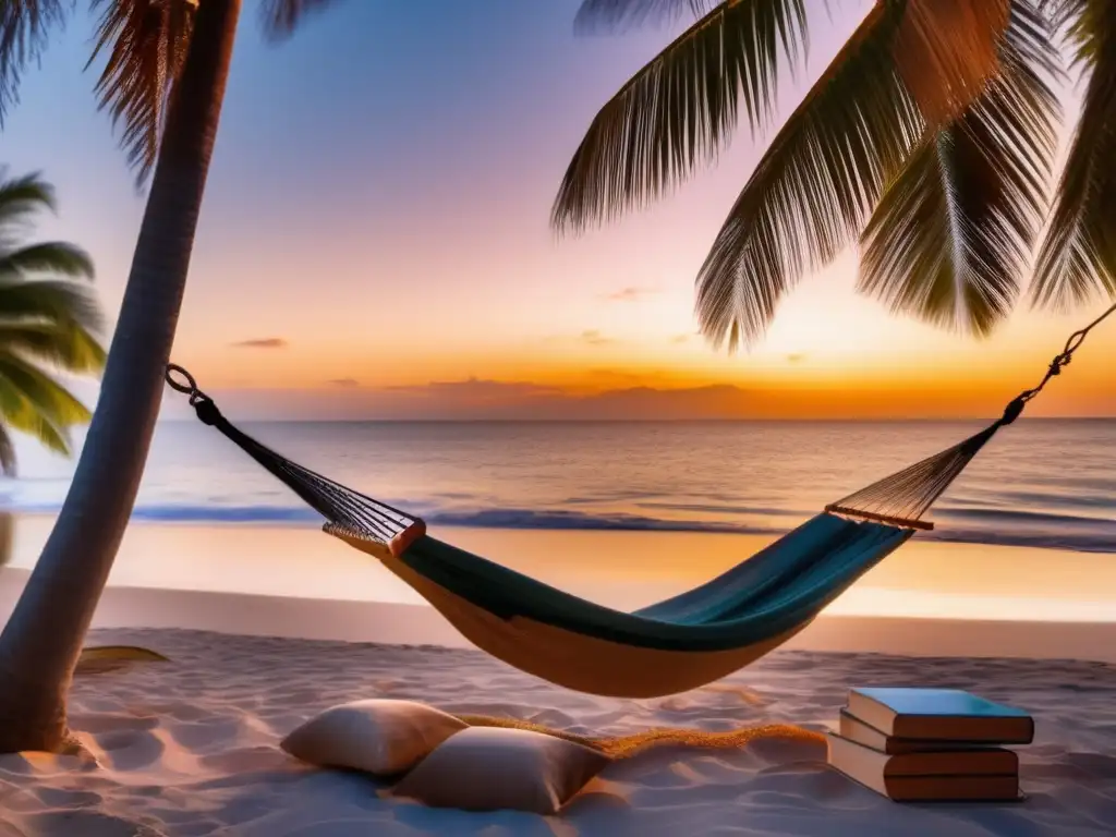 Playa serena al atardecer con hamaca y libro Hermosa playa al atardecer, invitando a desconectar de la tecnología y disfrutar de la naturaleza
