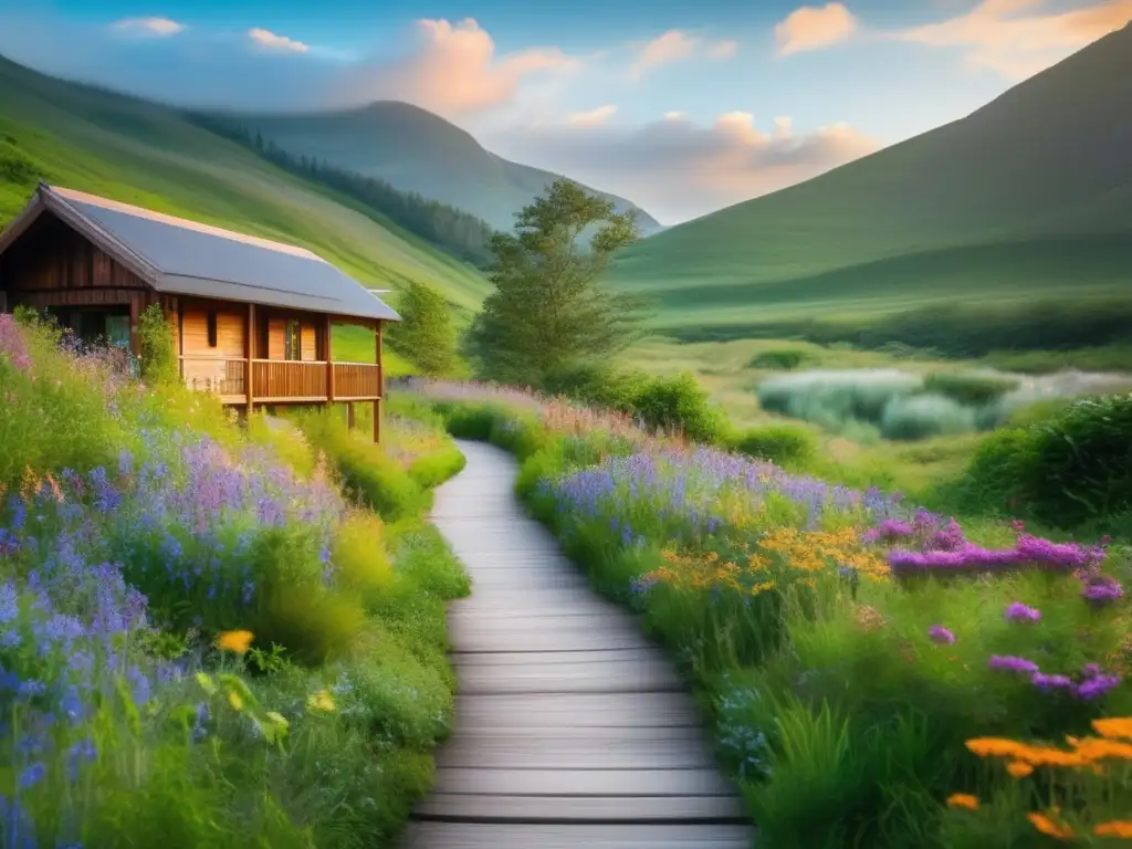 Reserva natural con sendero de madera y cabaña acogedora Beneficios ecoturismo para viajeros tercera edad: Naturaleza serena, sendero de madera, flores silvestres y cabaña acogedora
