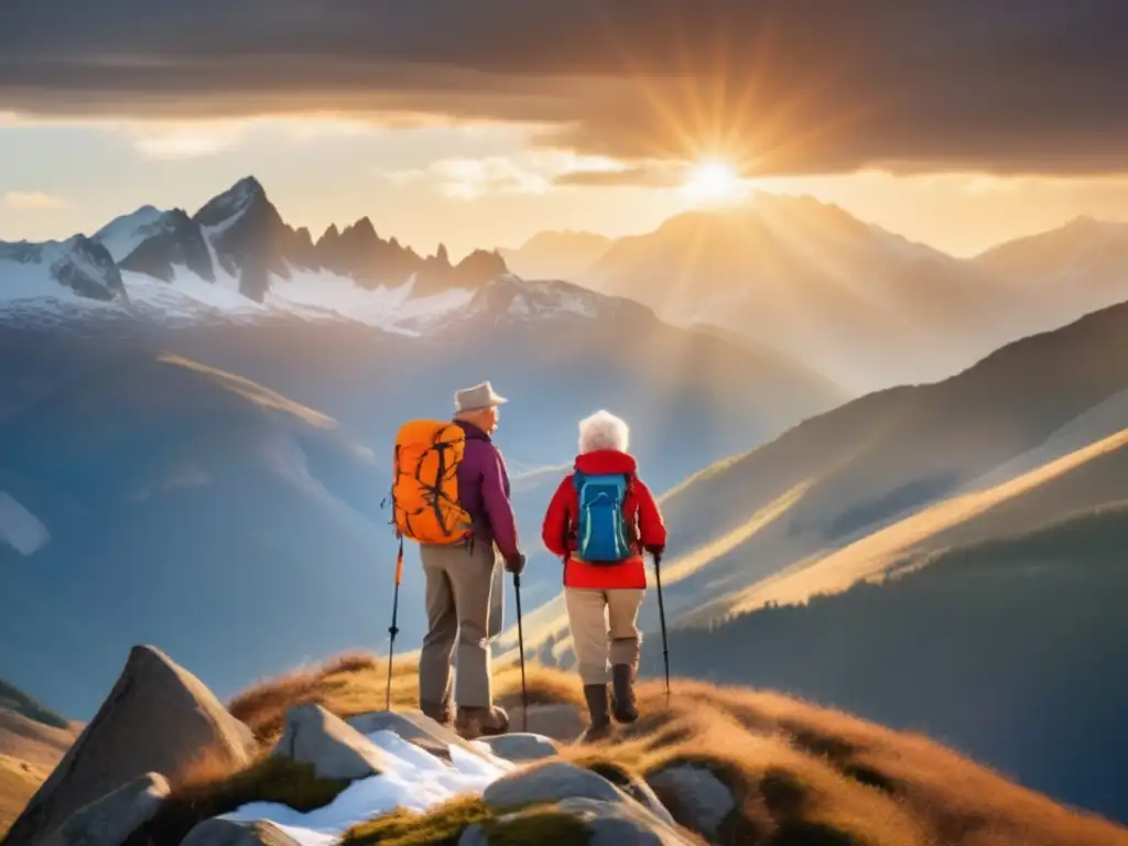 Pareja mayor en montaña, admirando paisaje Pareja mayor en la cima de una montaña, vista panorámica inspiradora