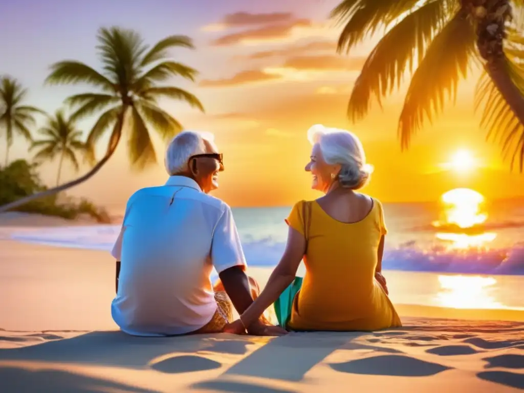 Pareja de ancianos disfrutando de un atardecer en la playa Pareja de ancianos supera adversidad en hermosa playa, inspirando a viajeros senior (110 caracteres)