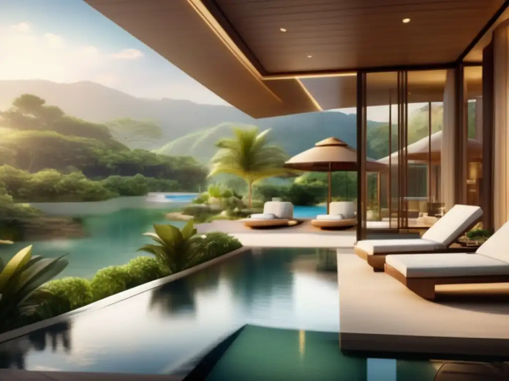 Spa resort de lujo rodeado de naturaleza exuberante Un lujoso balneario y spa moderno rodeado de naturaleza, con paisajes impresionantes y actividades de bienestar