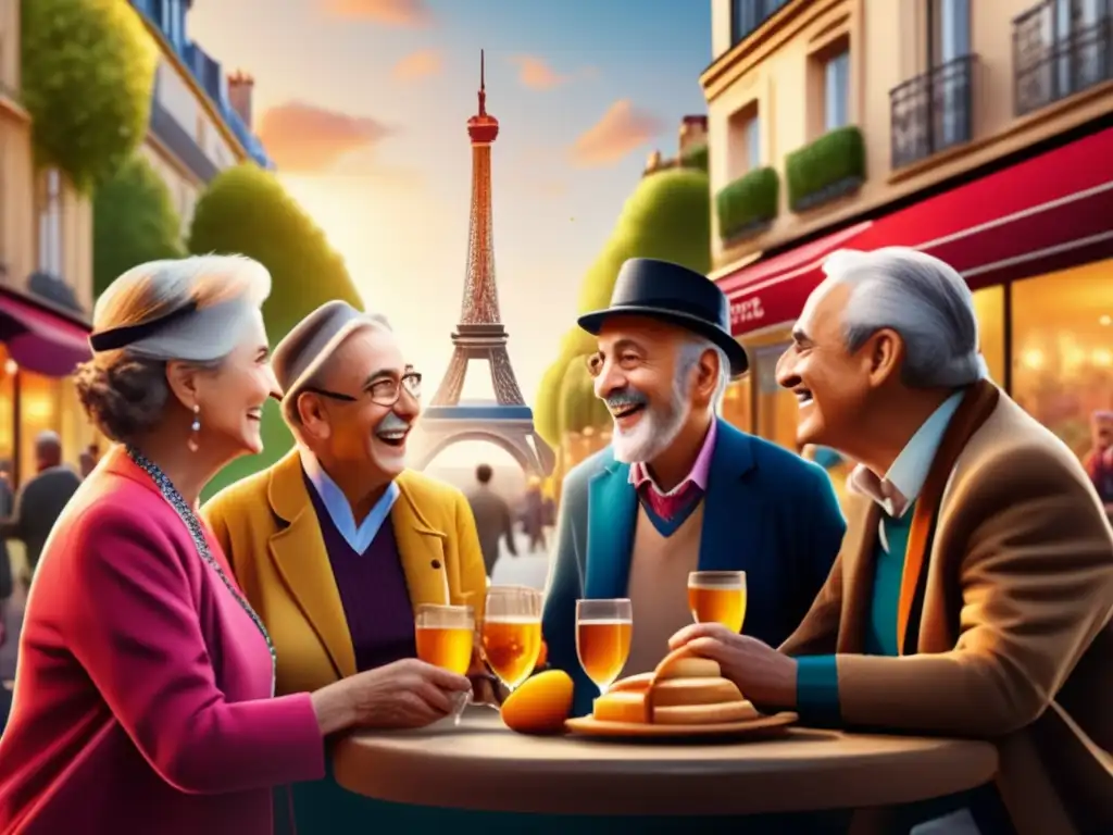 Aventura lingüística en París con jubilados Aventuras lingüísticas para jubilados en las calles de París, con la Torre Eiffel de fondo, aprendiendo idiomas y sumergidos en la cultura