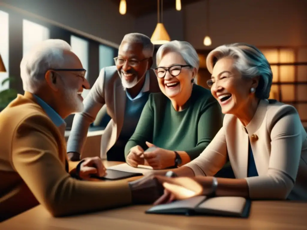 Retirados felices aprendiendo idiomas Beneficios viajes lingüísticos jubilados: Retirados felices aprendiendo idiomas en escuela moderna