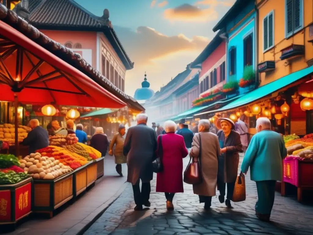 Retirados felices exploran colorida ciudad Grupo de jubilados felices explorando una animada calle en una ciudad extranjera - Modalidades de viaje para mayores en retiro