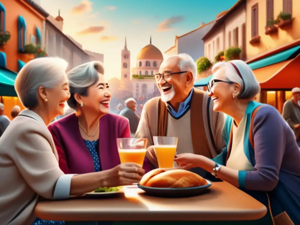 Jubilados disfrutando programa de inmersión lingüística Beneficios de viajes lingüísticos para jubilados: grupo de jubilados felices participando en programa de inmersión lingüística en el extranjero