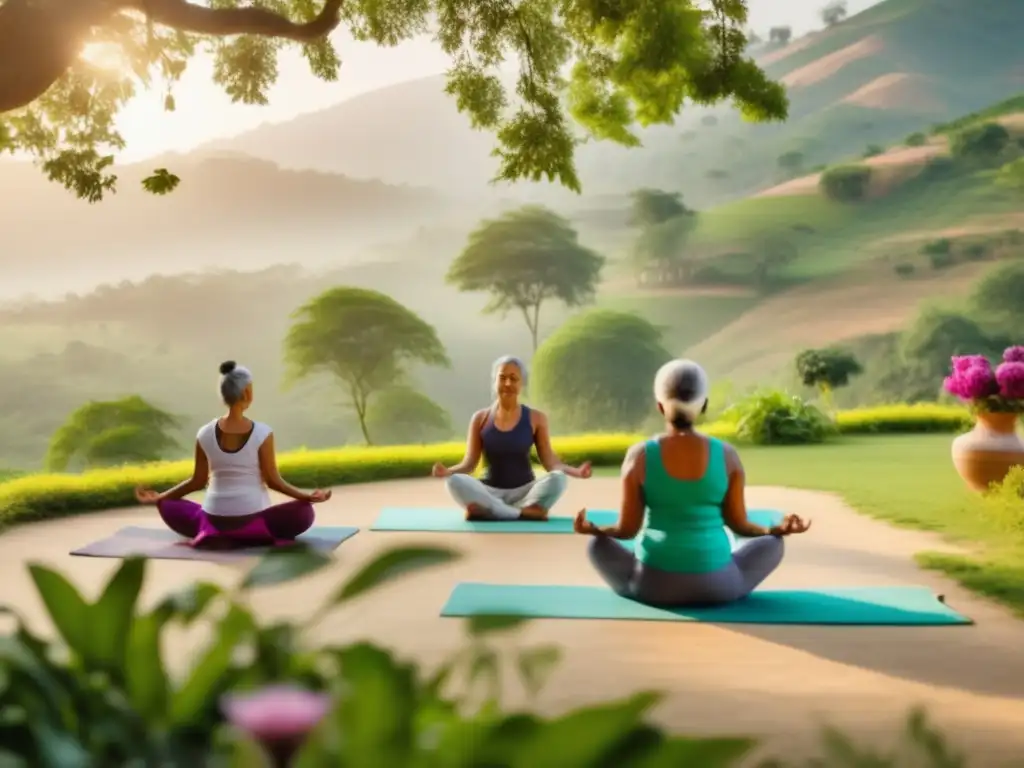 Retiro de Ayurveda en la India Retiro Ayurveda mayores India, paisaje verde sereno, yoga calma rodeado flores y árboles altos, arquitectura moderna y tranquilidad